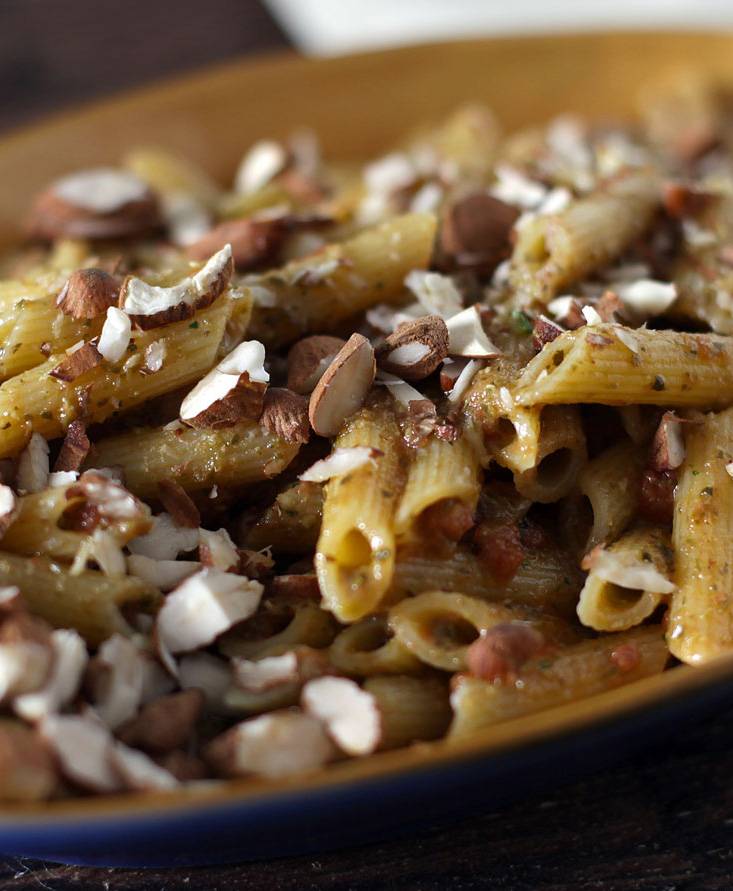 Corn Penne with almond-and-basil red pesto
