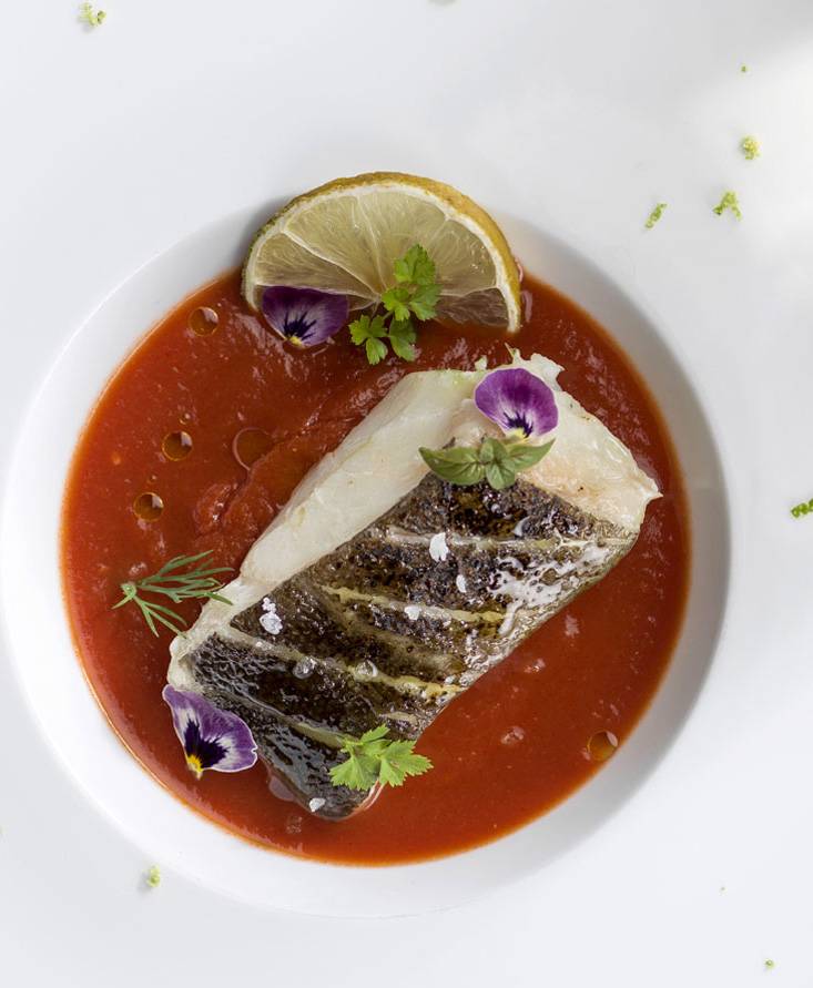 DRIED CODFISH WITH CRUNCHY SKIN ON TOMATO SAUCE LAYER