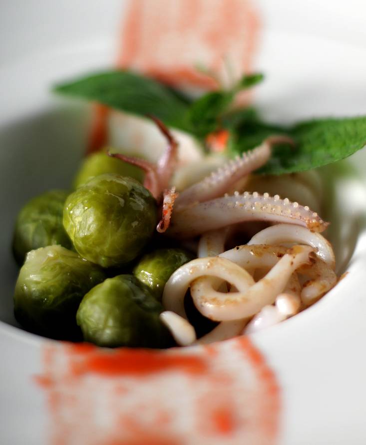 Small Salad with Calamari, Brussels sprouts and Tomato Juice