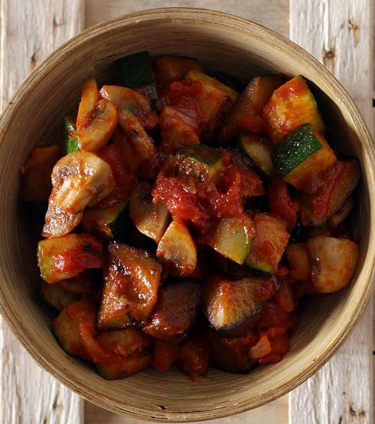 Little Caponata with eggplant, capers and Taggiasche olives served with mint and sage Beef Strips