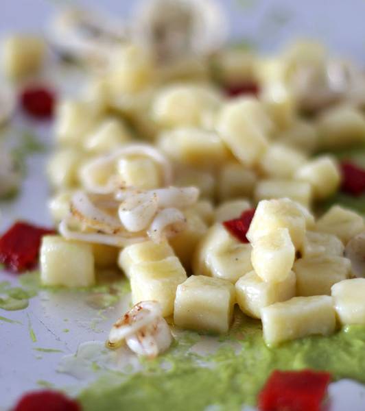 Potato Gnocchi with squids, peas and tomato jelly