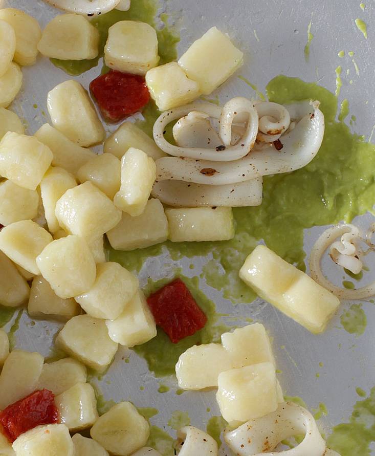 Potato Gnocchi with squids, peas and tomato jelly