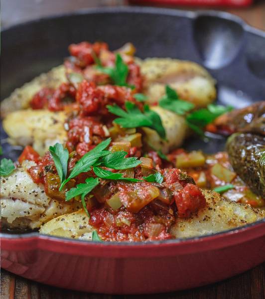 Pan Seared Fish with Chunky Tomato Sauce
