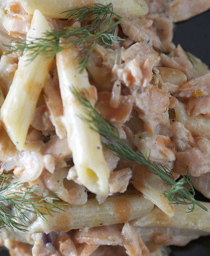 Salmon, vodka and tomato juice pennette flambé