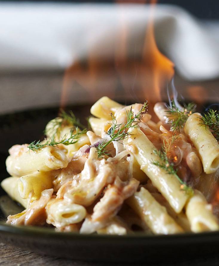 Salmon, vodka and tomato juice pennette flambé