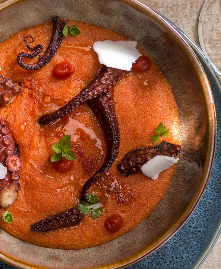 TOMATO POLENTA WITH CRISPY OCTOPUS AND RICOTTA FLAKES