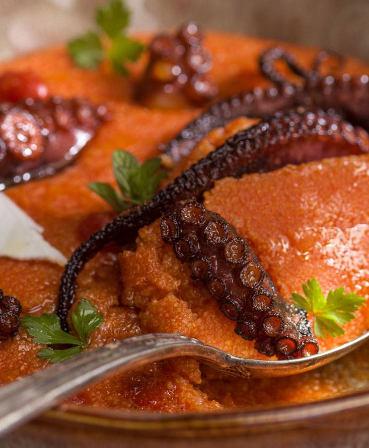 TOMATO POLENTA WITH CRISPY OCTOPUS AND RICOTTA FLAKES