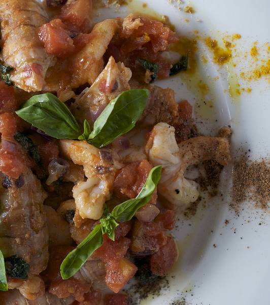 Sauteèd squilla mantis shrimps and prawns