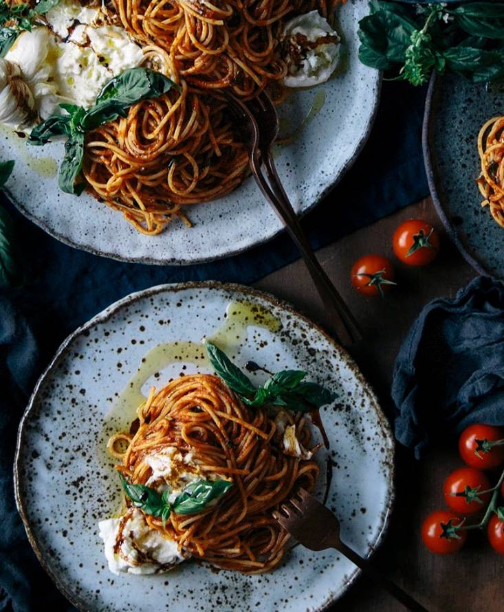 Tomato & Balsamic Spaghetti with Fresh Basil & Burrata