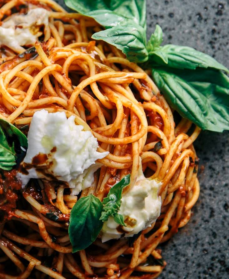 Tomato & Balsamic Spaghetti with Fresh Basil & Burrata